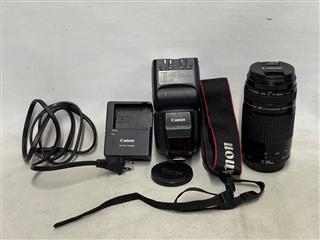 CANON EOS REBEL T5I 18MP DSLR CAMERA KIT WITH 2 LENSES, FLASH AND CARRYING BAG